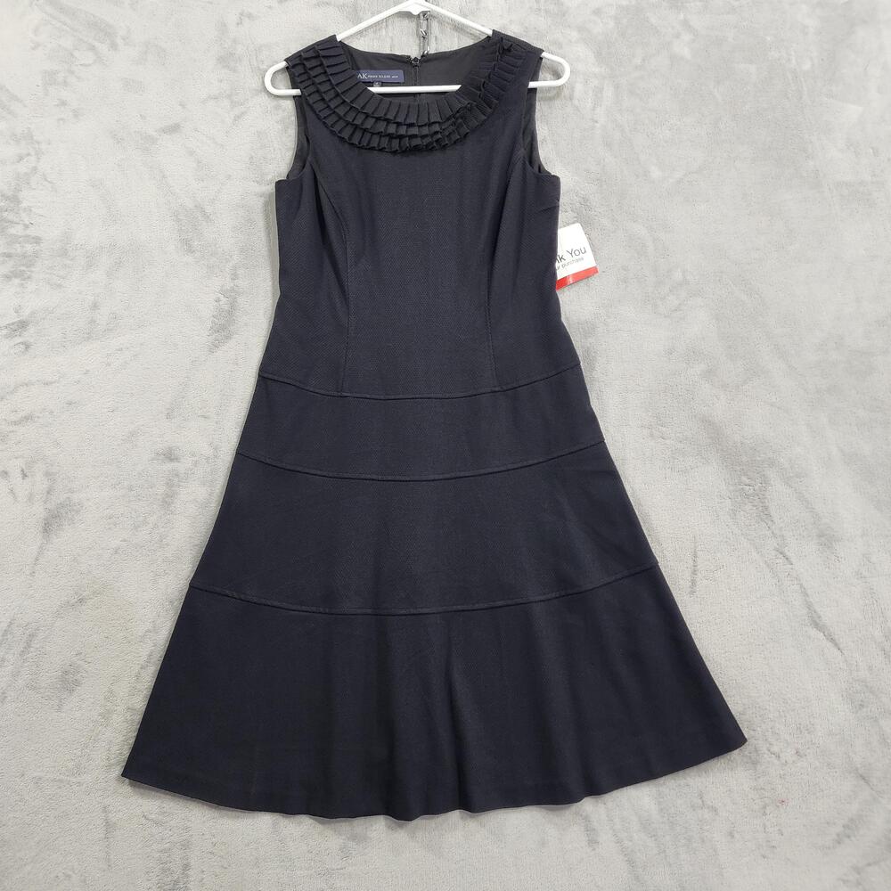 NEW AK Anne Klein Dress Womens 8 Black Ruffle Neck Fit & Flare Sleeveless Party